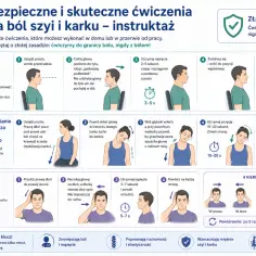 Ilustracja przedstawia ćwiczenia na ból szyi i karku: retrakcję szyi, rozluźnianie mięśni i ćwiczenia izometryczne.