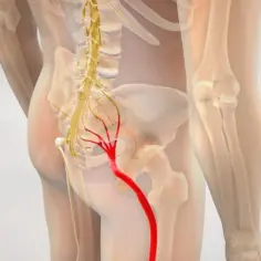 Anatomical illustration showing the sciatic nerve highlighted in red, originating from the lower spine and extending down the leg.