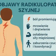 Ilustracja przedstawia sylwetkę człowieka z zaznaczonym kręgosłupem szyjnym i objawami radikulopatii: bólem, mrowieniem, osłabieniem i zaburzeniami czucia.