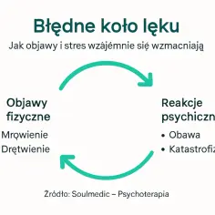 Błędne koło lęku: objawy fizyczne (mrowienie, drętwienie) i reakcje psychiczne (obawa, katastrofizacja) wzajemnie się wzmacniają, tworząc cykl.