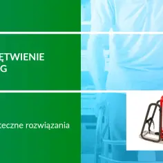 Zielona grafika z napisem "Drętwienie nóg" i zdjęciem urządzenia do rehabilitacji.