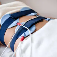 Osoba leżąca pod kocem z elektrodami na brzuchu, podłączonymi do urządzenia do elektrostymulacji mięśni.