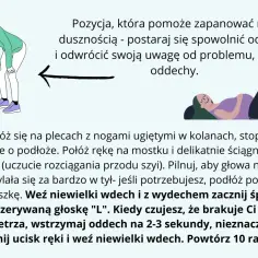 Ćwiczenia oddechowe: pozycja do łagodzenia duszności. Leżąc na plecach, śpiewaj "L" na wydechu, by uspokoić oddech.