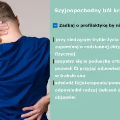 Mężczyzna trzyma się za kark i dolną część pleców, wskazując na ból w odcinku C kręgosłupa. Tekst radzi o profilaktyce.