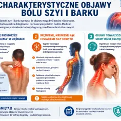 Ból szyi i barku może objawiać się ograniczeniem ruchomości, drętwieniem, mrowieniem rąk, a także szumami usznymi. Napięcie w klatce piersiowej to częsty objaw.