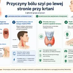 Ból szyi z lewej strony może być spowodowany infekcjami, asymetrią mięśni, chorobami tarczycy lub problemami z oddechem.