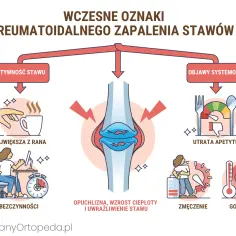 Ilustracja przedstawia objawy reumatoidalnego zapalenia stawów: sztywność stawu, utratę apetytu, zmęczenie i gorączkę.