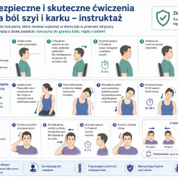 Ilustracja przedstawia ćwiczenia na ból szyi i karku: retrakcję szyi, rozluźnianie mięśni i ćwiczenia izometryczne.