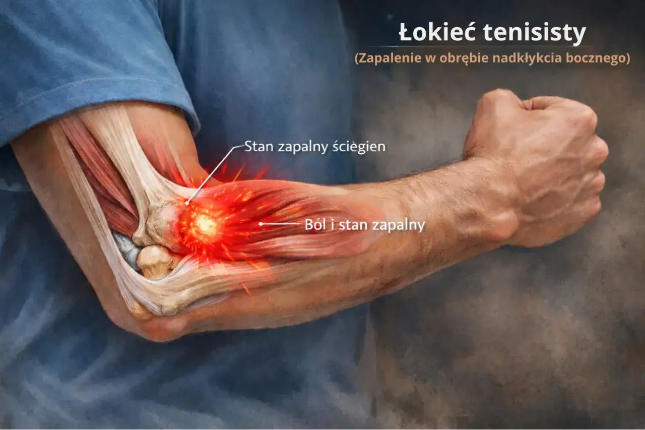 Ilustracja przedstawia łokieć tenisisty z widocznym stanem zapalnym ścięgien i bólem.